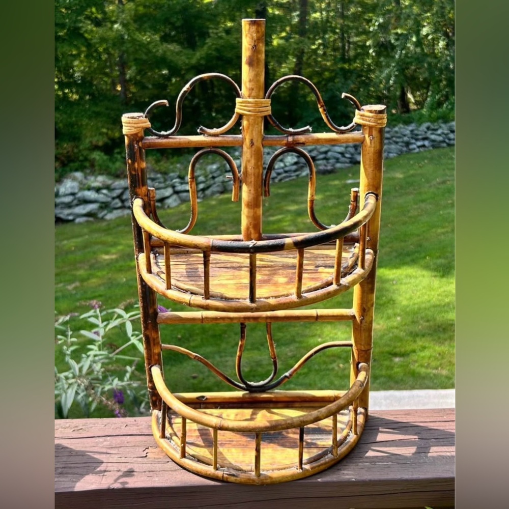 Vintage 1970s Boho Bentwood Bamboo Rattan Two Tier Wall Shelf, Display Shelf